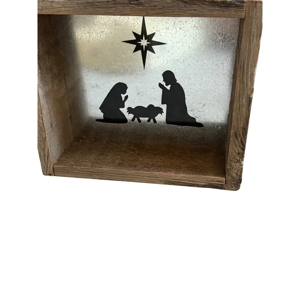 Rustic Reclaimed Wood Nativity Shadow Box Galvanized Metal Christmas Decor 8.5in